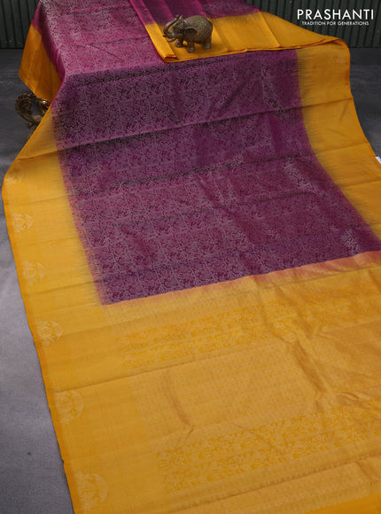 Pure soft silk saree purple and mango yellow with allover silver zari woven brocade weaves and rich silver zari woven border