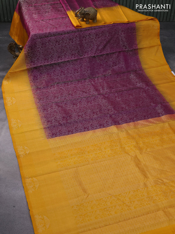 Pure soft silk saree purple and mango yellow with allover silver zari woven brocade weaves and rich silver zari woven border