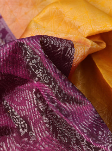 Pure soft silk saree purple and mango yellow with allover silver zari woven brocade weaves and rich silver zari woven border