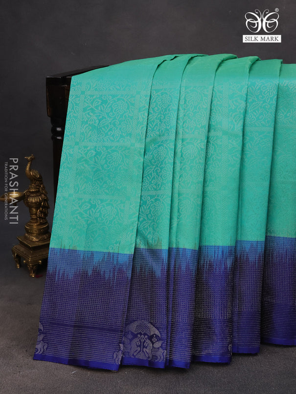 Pure soft silk saree teal green shade and blue with allover silver zari woven brocade weaves and rich silver zari woven border