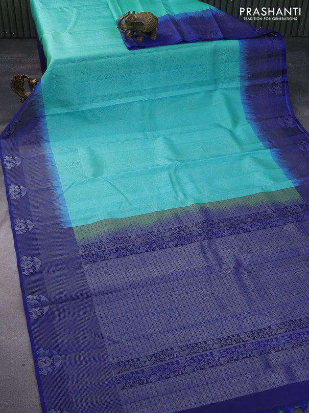 Pure soft silk saree teal green shade and blue with allover silver zari woven brocade weaves and rich silver zari woven border