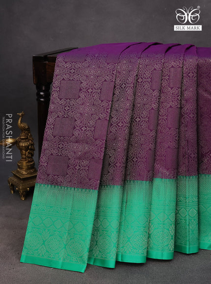 Pure soft silk saree deep purple and teal green with allover silver zari woven brocade weaves and rich silver zari woven border