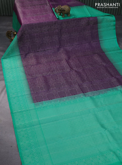 Pure soft silk saree deep purple and teal green with allover silver zari woven brocade weaves and rich silver zari woven border