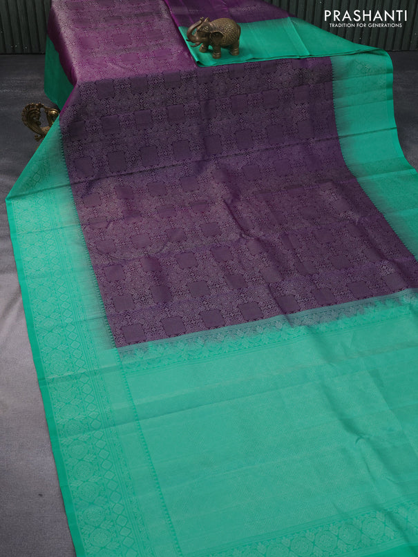 Pure soft silk saree deep purple and teal green with allover silver zari woven brocade weaves and rich silver zari woven border