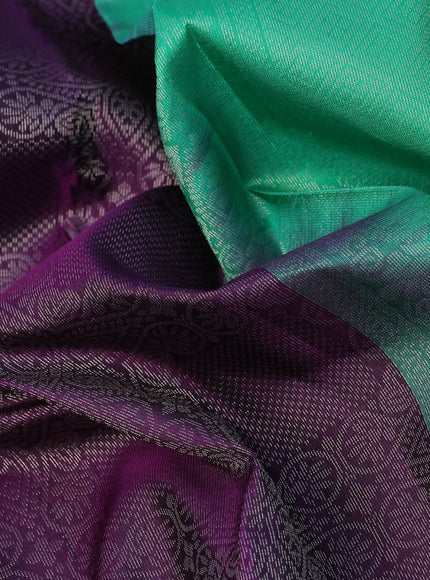 Pure soft silk saree deep purple and teal green with allover silver zari woven brocade weaves and rich silver zari woven border