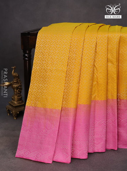 Pure soft silk saree yellow and light pink with allover silver zari woven brocade weaves and rich silver zari woven border