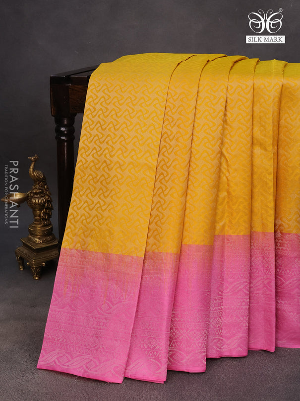 Pure soft silk saree yellow and light pink with allover silver zari woven brocade weaves and rich silver zari woven border