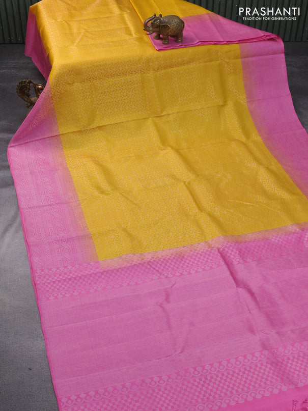 Pure soft silk saree yellow and light pink with allover silver zari woven brocade weaves and rich silver zari woven border