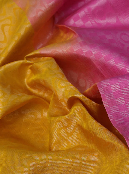 Pure soft silk saree yellow and light pink with allover silver zari woven brocade weaves and rich silver zari woven border