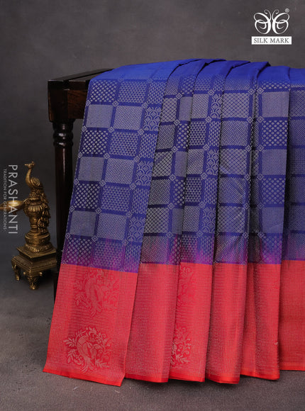 Pure soft silk saree blue and dual shade of pinkish orange with allover silver zari woven brocade weaves and rich silver zari woven border