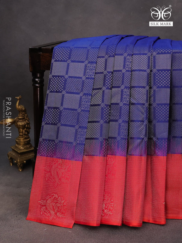 Pure soft silk saree blue and dual shade of pinkish orange with allover silver zari woven brocade weaves and rich silver zari woven border