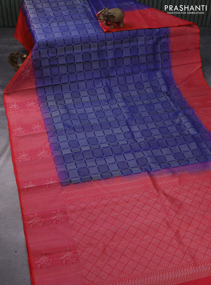 Pure soft silk saree blue and dual shade of pinkish orange with allover silver zari woven brocade weaves and rich silver zari woven border