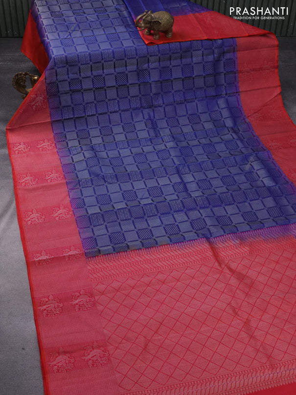 Pure soft silk saree blue and dual shade of pinkish orange with allover silver zari woven brocade weaves and rich silver zari woven border