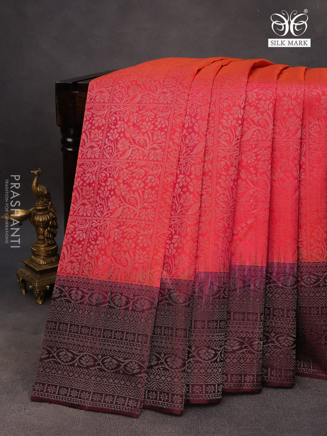 Pure soft silk saree dual shade of pinkish orange and wine shade with allover silver zari woven brocade weaves and rich silver zari woven border