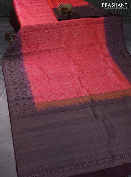 Pure soft silk saree dual shade of pinkish orange and wine shade with allover silver zari woven brocade weaves and rich silver zari woven border