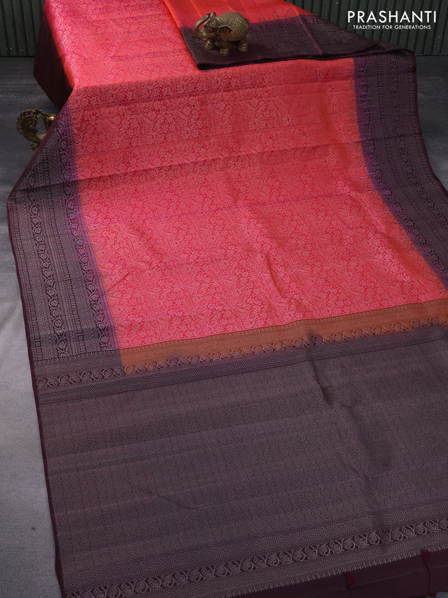 Pure soft silk saree dual shade of pinkish orange and wine shade with allover silver zari woven brocade weaves and rich silver zari woven border