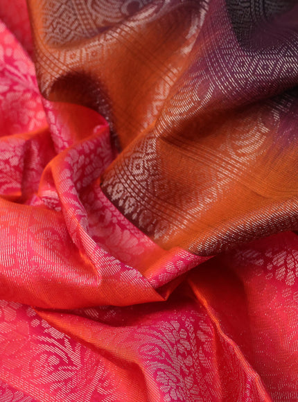 Pure soft silk saree dual shade of pinkish orange and wine shade with allover silver zari woven brocade weaves and rich silver zari woven border