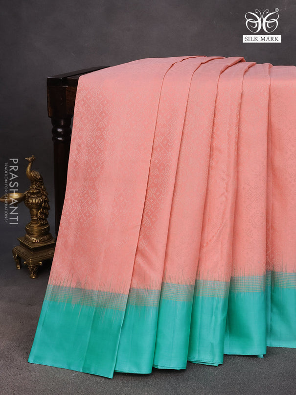 Pure soft silk saree peach shade and teal blue with allover silver zari woven brocade weaves and rich silver zari woven simple border