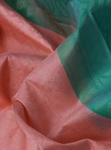 Pure soft silk saree peach shade and teal blue with allover silver zari woven brocade weaves and rich silver zari woven simple border