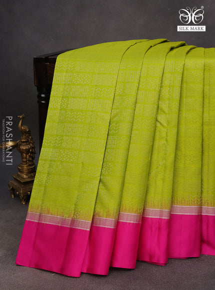 Pure soft silk saree light green and pink with allover silver zari woven brocade weaves and rich silver zari woven simple border