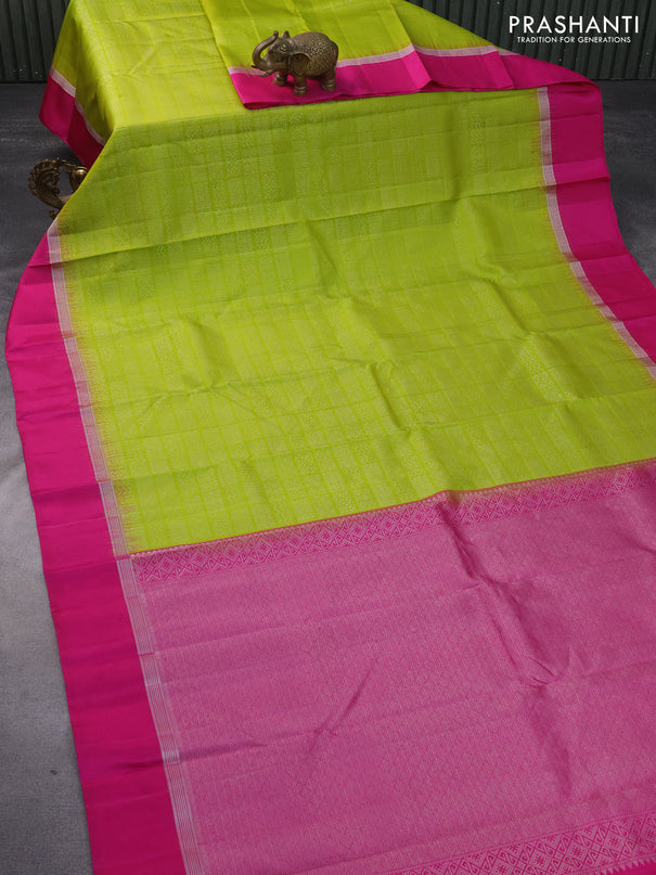 Pure soft silk saree light green and pink with allover silver zari woven brocade weaves and rich silver zari woven simple border