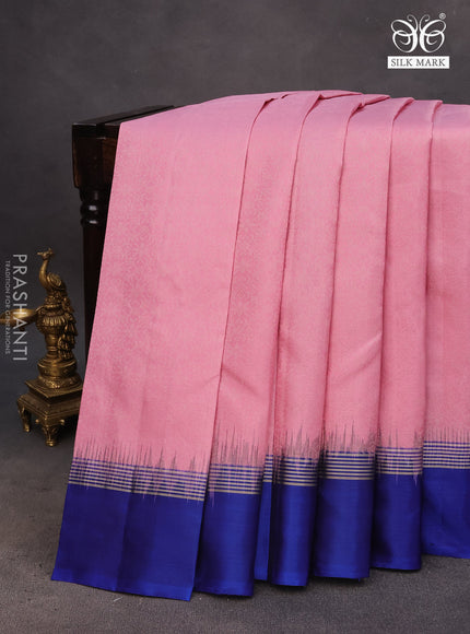 Pure soft silk saree light pink and blue with allover silver zari woven brocade weaves and rich silver zari woven simple border