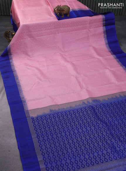 Pure soft silk saree light pink and blue with allover silver zari woven brocade weaves and rich silver zari woven simple border