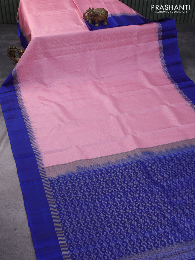 Pure soft silk saree light pink and blue with allover silver zari woven brocade weaves and rich silver zari woven simple border