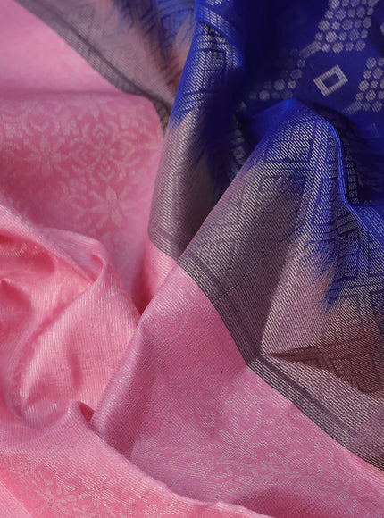 Pure soft silk saree light pink and blue with allover silver zari woven brocade weaves and rich silver zari woven simple border