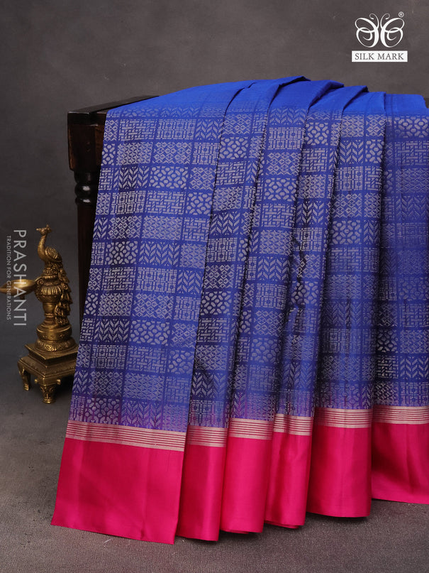 Pure soft silk saree blue and magenta pink with allover silver zari woven brocade weaves and rich silver zari woven simple border