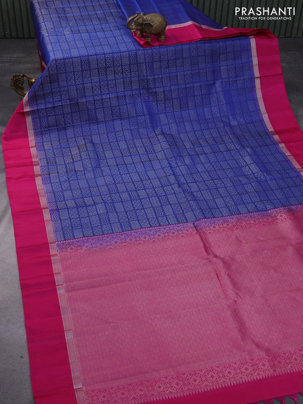 Pure soft silk saree blue and magenta pink with allover silver zari woven brocade weaves and rich silver zari woven simple border