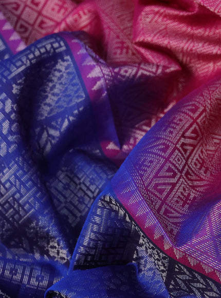 Pure soft silk saree blue and magenta pink with allover silver zari woven brocade weaves and rich silver zari woven simple border