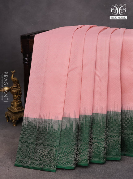 Pure soft silk saree mild peach pink and dark green with allover silver zari woven brocade weaves and rich zari woven border