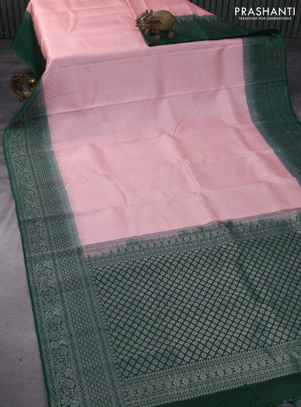 Pure soft silk saree mild peach pink and dark green with allover silver zari woven brocade weaves and rich zari woven border