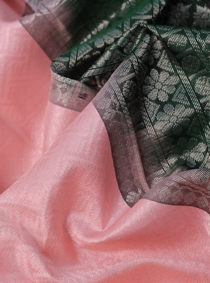 Pure soft silk saree mild peach pink and dark green with allover silver zari woven brocade weaves and rich zari woven border