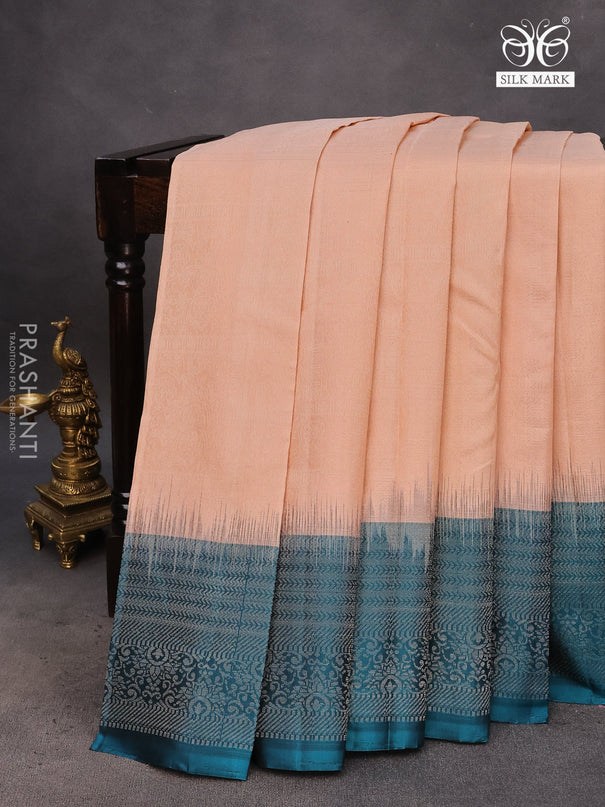 Pure soft silk saree mild peach orange and peacock green with allover silver zari woven brocade weaves and rich zari woven border