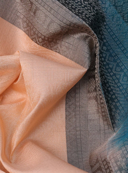 Pure soft silk saree mild peach orange and peacock green with allover silver zari woven brocade weaves and rich zari woven border