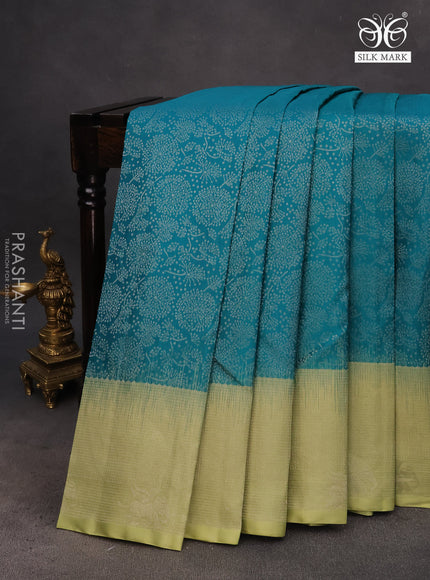 Pure soft silk saree teal blue shade and pastel green with allover silver zari woven brocade weaves and rich zari woven border