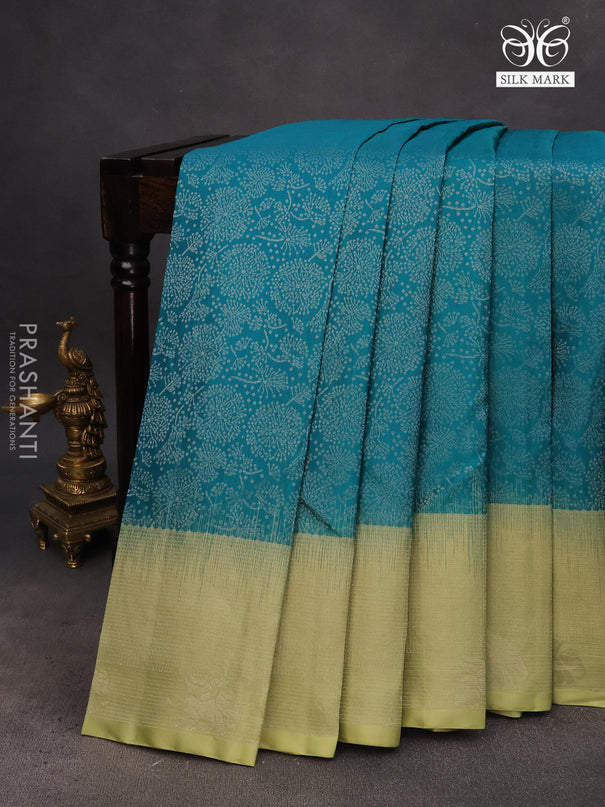 Pure soft silk saree teal blue shade and pastel green with allover silver zari woven brocade weaves and rich zari woven border