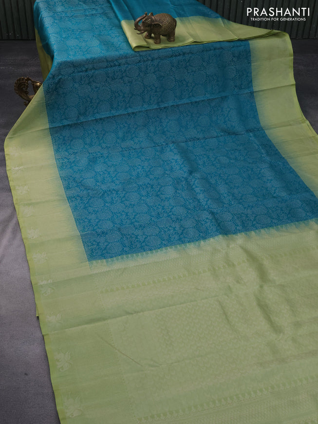 Pure soft silk saree teal blue shade and pastel green with allover silver zari woven brocade weaves and rich zari woven border