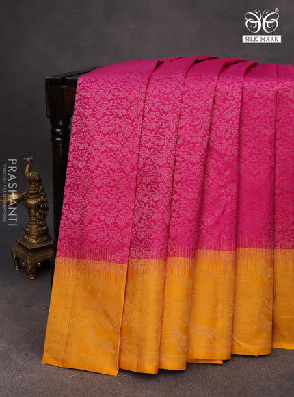 Pure soft silk saree magenta pink and mustard yellow with allover silver zari woven brocade weaves and rich zari woven border