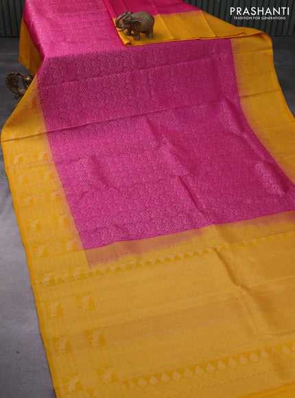 Pure soft silk saree magenta pink and mustard yellow with allover silver zari woven brocade weaves and rich zari woven border