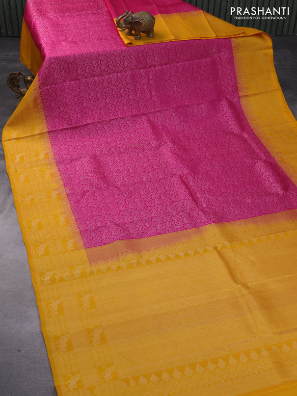 Pure soft silk saree magenta pink and mustard yellow with allover silver zari woven brocade weaves and rich zari woven border