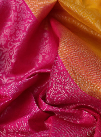 Pure soft silk saree magenta pink and mustard yellow with allover silver zari woven brocade weaves and rich zari woven border