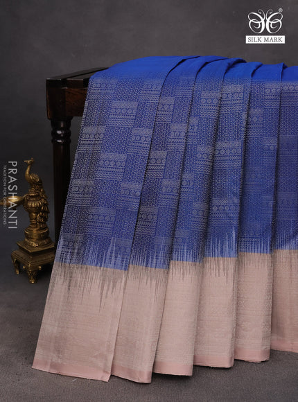 Pure soft silk saree blue and pastel brown shade with allover silver zari woven brocade weaves and rich silver zari woven border