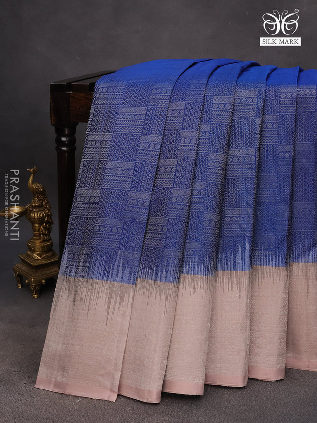 Pure soft silk saree blue and pastel brown shade with allover silver zari woven brocade weaves and rich silver zari woven border