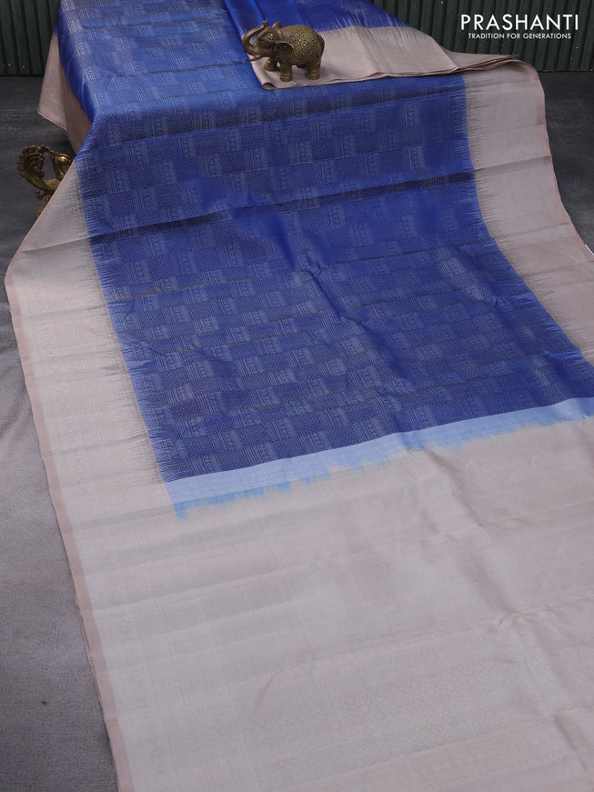 Pure soft silk saree blue and pastel brown shade with allover silver zari woven brocade weaves and rich silver zari woven border