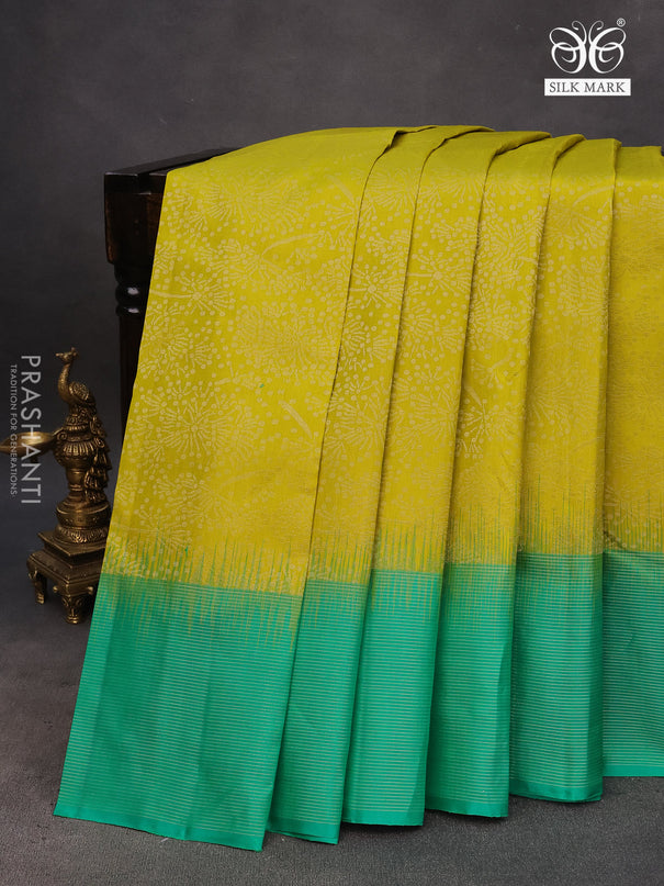 Pure soft silk saree lime yellow and green with allover silver zari woven brocade weaves and rich silver zari woven border