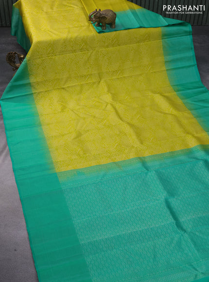 Pure soft silk saree lime yellow and green with allover silver zari woven brocade weaves and rich silver zari woven border