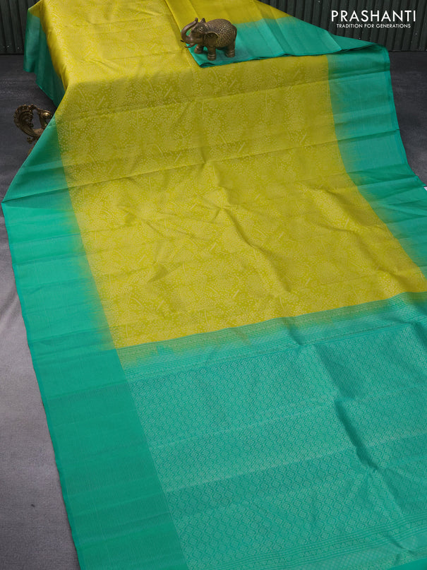 Pure soft silk saree lime yellow and green with allover silver zari woven brocade weaves and rich silver zari woven border